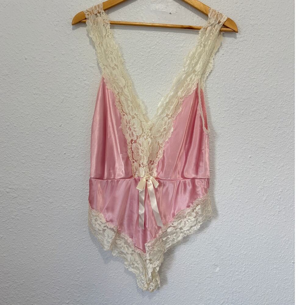 Vintage Teddy Lingerie Satin Lace Ms Leslee V-Neck Bodysuit Coquette Fairy Glam